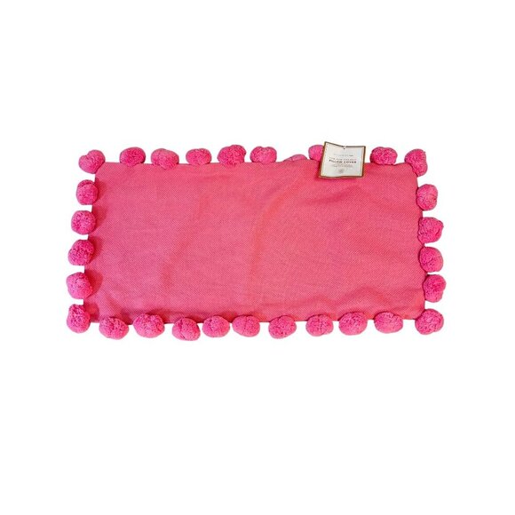 Pottery Barn Teen Pink Pillow Cover 12 x 24 Organic Cotton Pom Poms NWT - Picture 1 of 4